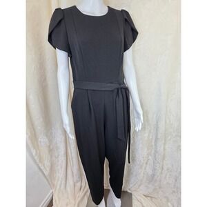 Calvin Klein Black Petal Sleeve Belted Jumpsuit Size 10 Gold Zipper Crepe